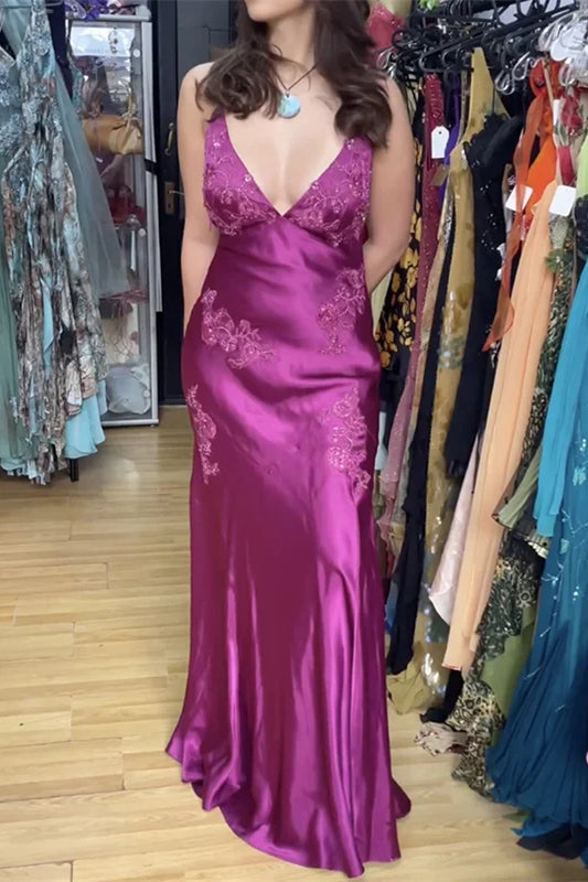 Deep V-neck Purple Lace Soft Satin Long Prom Dresses, Sheath Prom Dresses, Sexy Evening Dresses