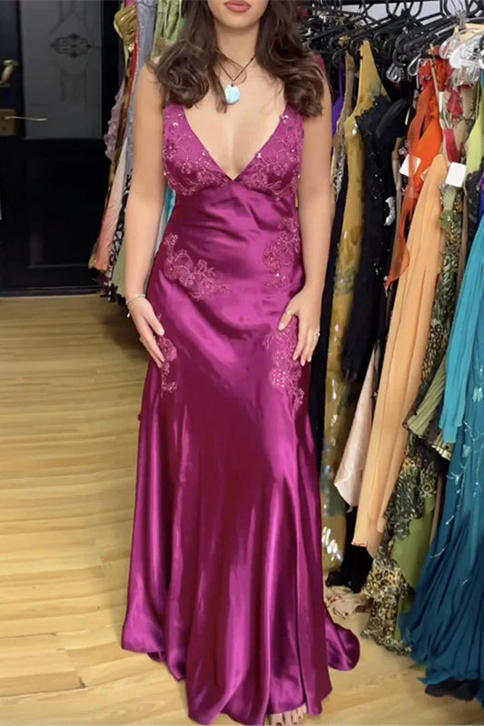 Deep V-neck Purple Lace Soft Satin Long Prom Dresses, Sheath Prom Dresses, Sexy Evening Dresses