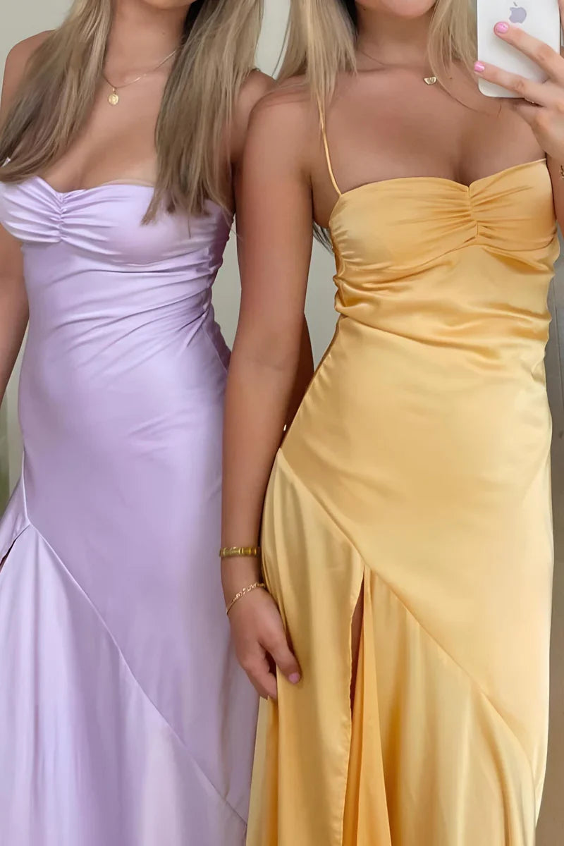 Spaghetti Long Sheath Soft Satin Maxi Dresses, Newest Prom Dresses, Wedding Guest Dresses, Long Bridesmaid Dresses