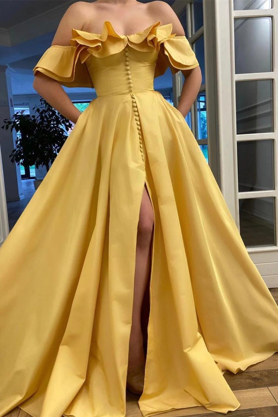 Yellow A-line Off Shoulder A-line Prom Dresses With Ruffles Neckline, Newest Prom Dresses