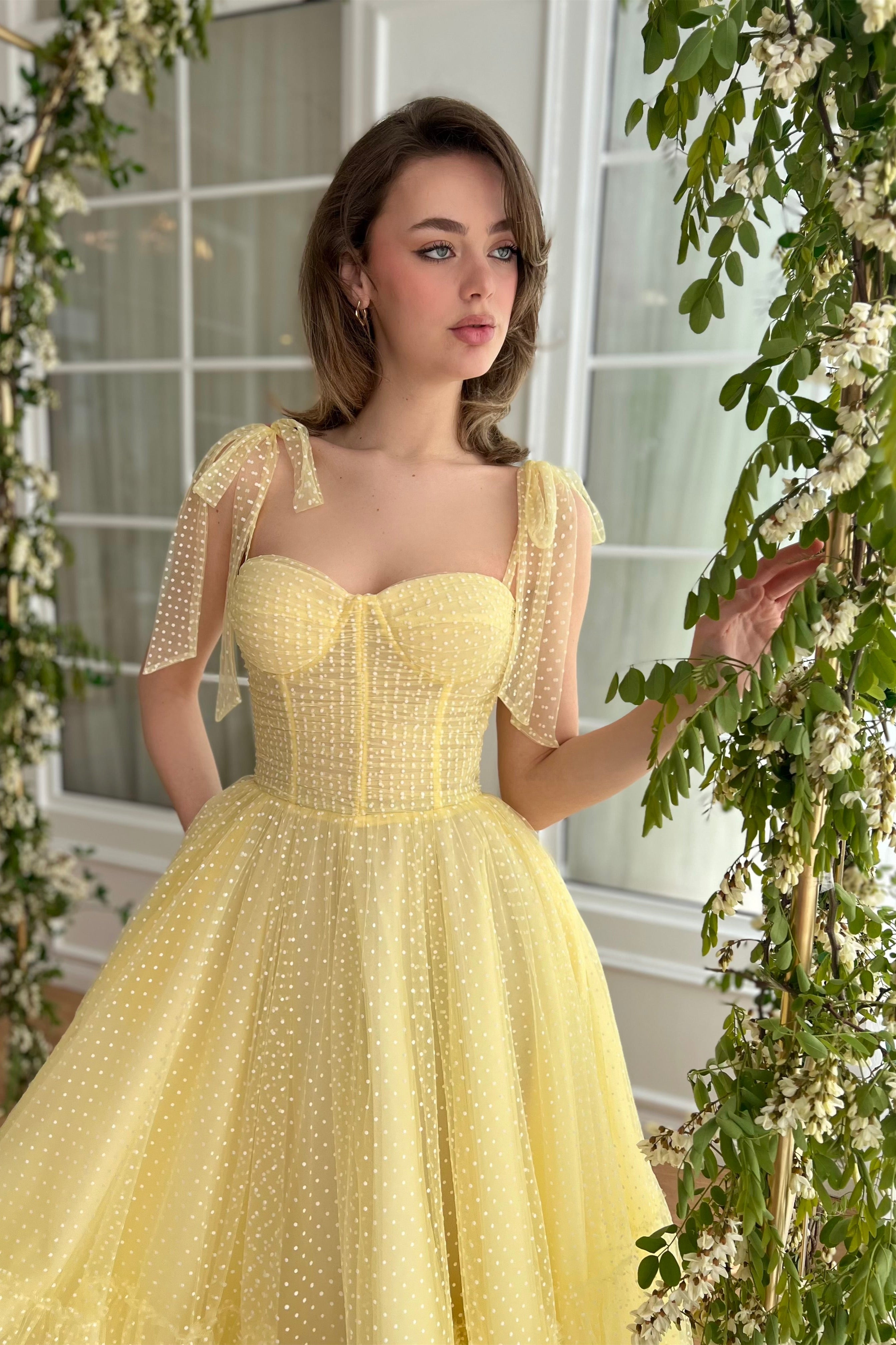 Yellow Polka Dots Midi Dresses, Lovely Prom Dresses With Bow Straps, Newest Prom Dresses