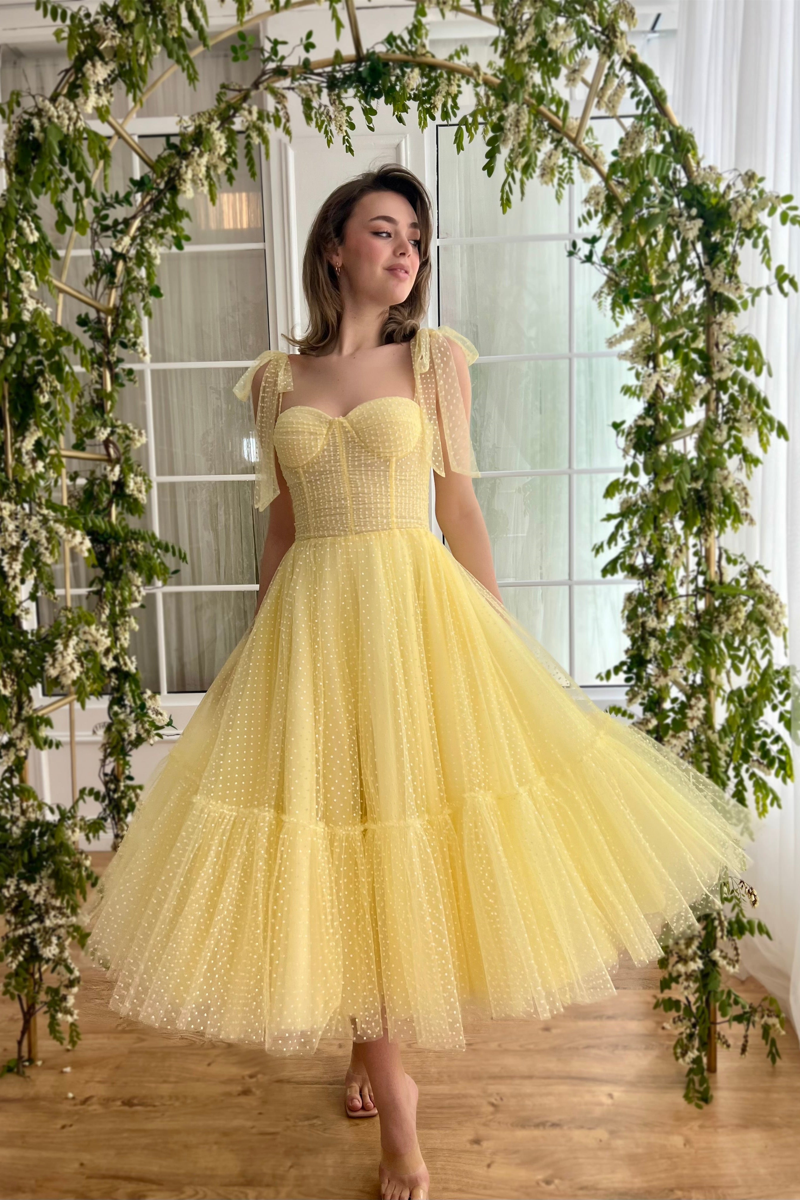 Yellow Polka Dots Midi Dresses, Lovely Prom Dresses With Bow Straps, Newest Prom Dresses