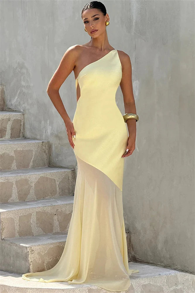 One Shoulder Yellow Mermaid Long Prom Dresses, Evening Dresses, Party Dresses, Maxi Dresses