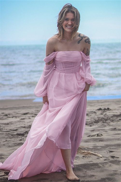 Pink Off the Shoulder Prom Dresses, Vocation Dresses, Newest Prom Dresses, Simple Beach Wedding Dresses