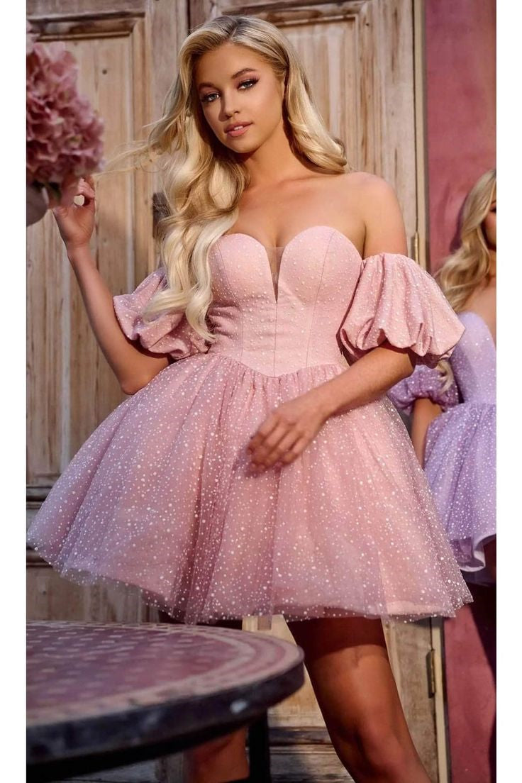 Off Shoulder Puffy Bubble Sleeves Cute Mini Dresses, Shiny Short Prom Dresses, Homecoming Dresses