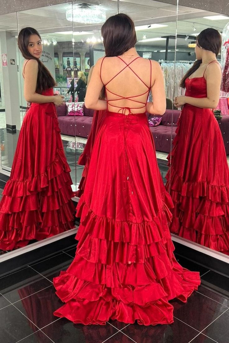 Spaghetti Long A-line Red Ruffled Prom Dresses, Front Slit Prom Dresses, Popular Maxi Dresses