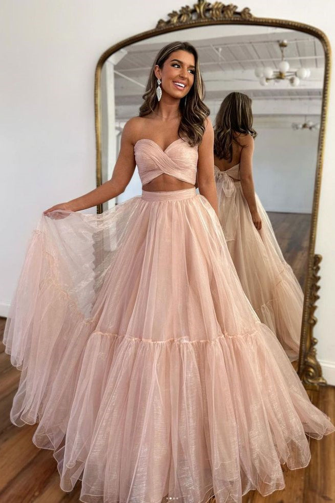 2 Pieces Sweetheart Shemmering Organza Prom Dresses, Flowy Long Prom Dresses, Newest 2024 Prom Dresses