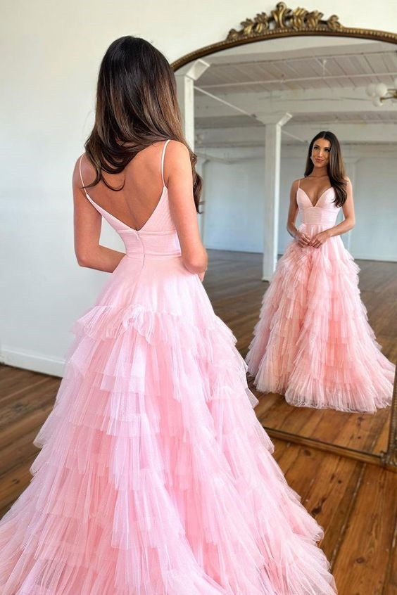 Spaghetti Long A-line Prom Dresses, Soft Pink Ruffled Prom Dresses, Princess Dresses, Party Dresses, Newest Prom Dresses
