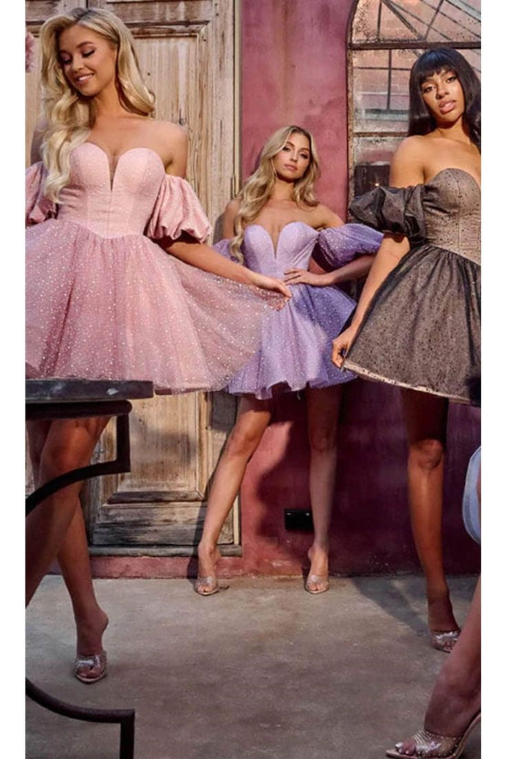 Off Shoulder Puffy Bubble Sleeves Cute Mini Dresses, Shiny Short Prom Dresses, Homecoming Dresses