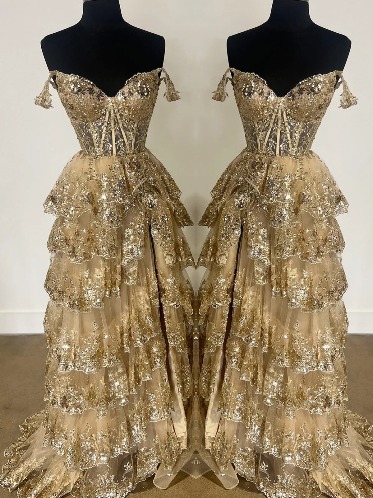 Off the shoulder Gold sequin lace Ruffled Prom Dresses, Princess Dresses, 2024 Prom Dresses
