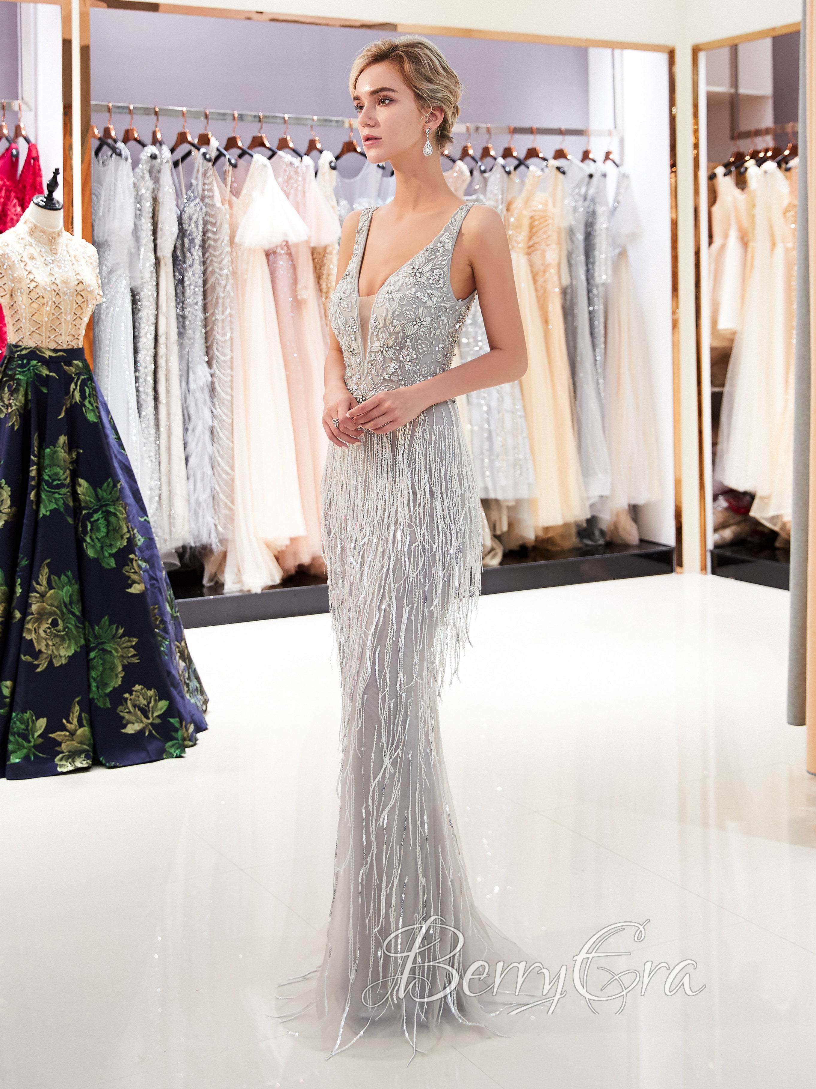 Deep V-neck Silver Beaded Tassel Prom Dresses, Mermaid Prom Dresses, Gorgeous Long Prom Dresses, 2023 Prom Dresses