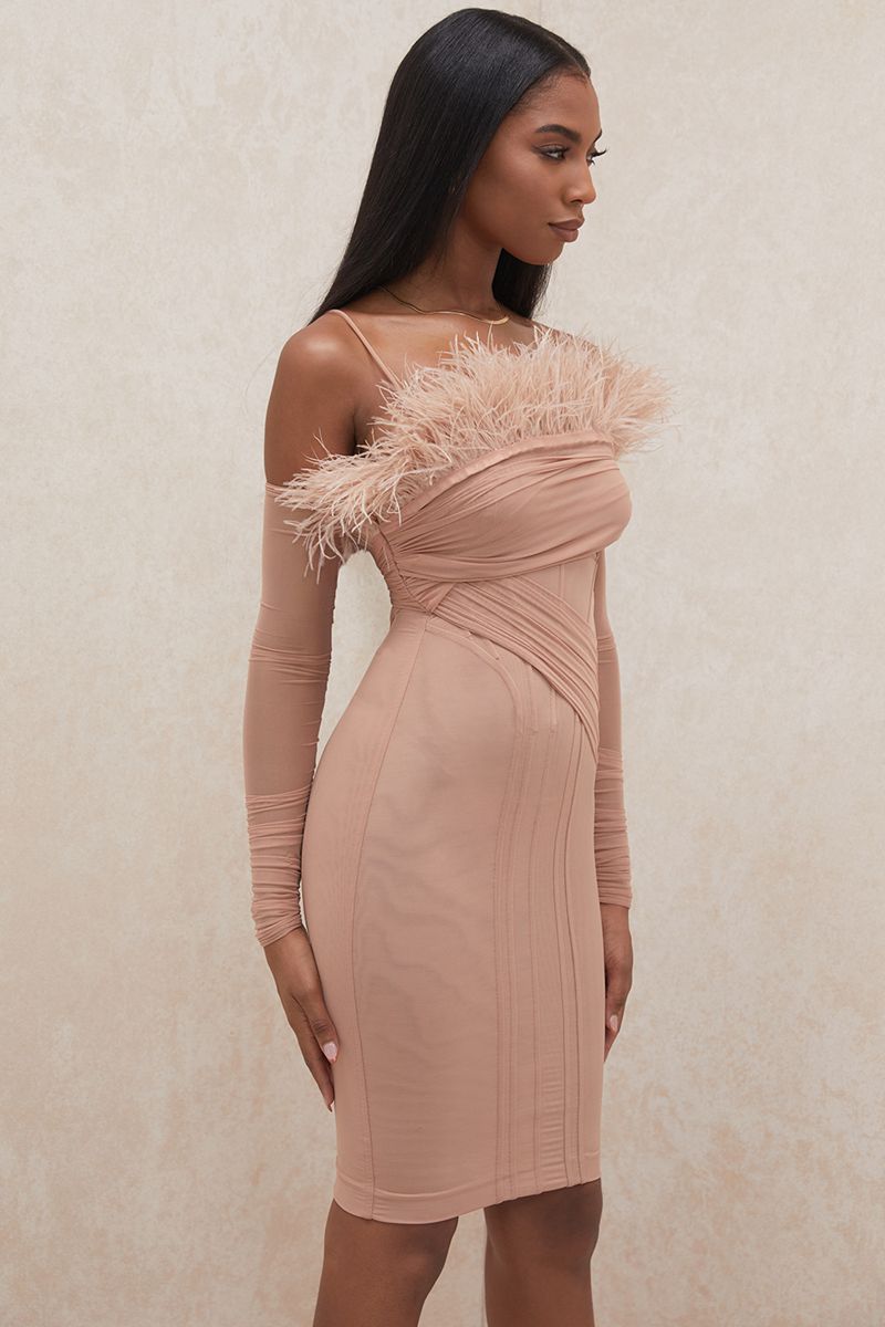 Nude Color Pencil Skirt With Feather, Party Dresses , Ocassion Dresses