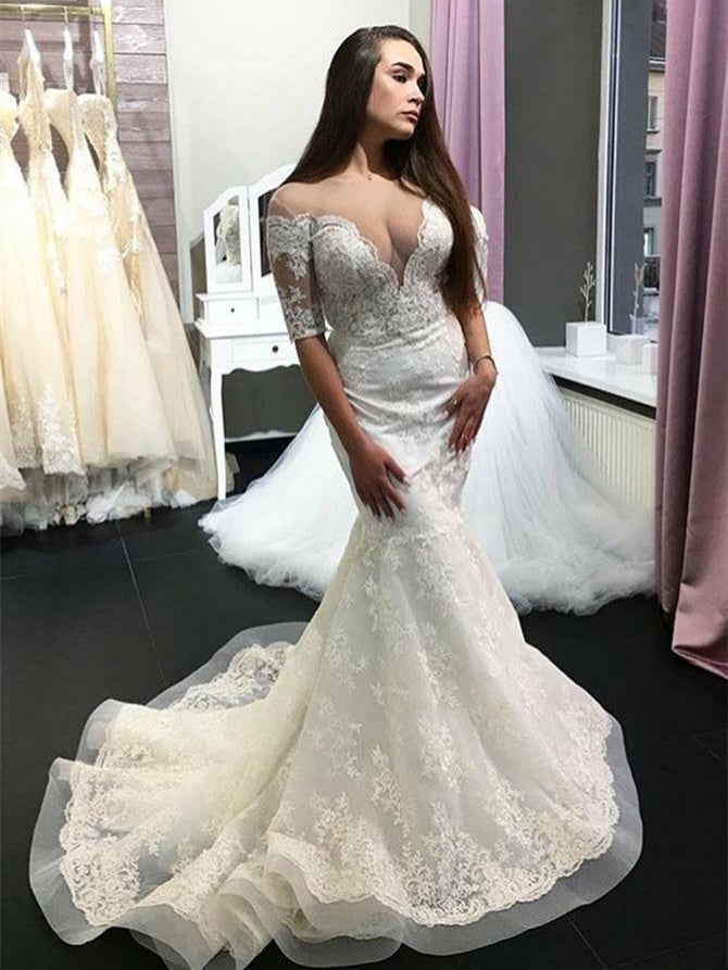 Half Sleeves Lace Tulle Wedding Dresses, Sexy Mermaid Wedding Dresses, 2020 Wedding Dresses