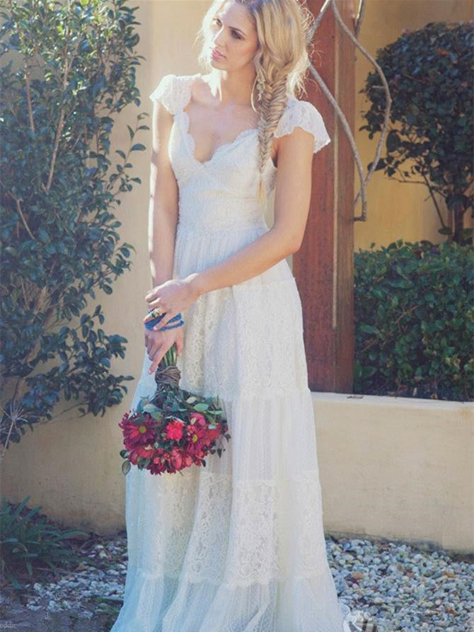 V-neck Cap Sleeves Lace Wedding Dresses, Bridal Gown, Long Wedding Dresses, Country Wedding Dresses
