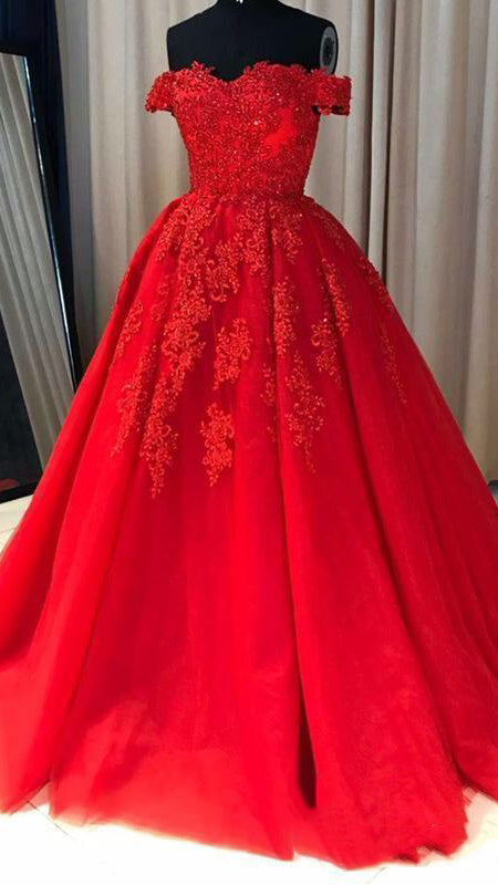 Off Shoulder Red Lace Tulle Prom Dresses, A-line Prom Dresses, Lovely Prom Dresses