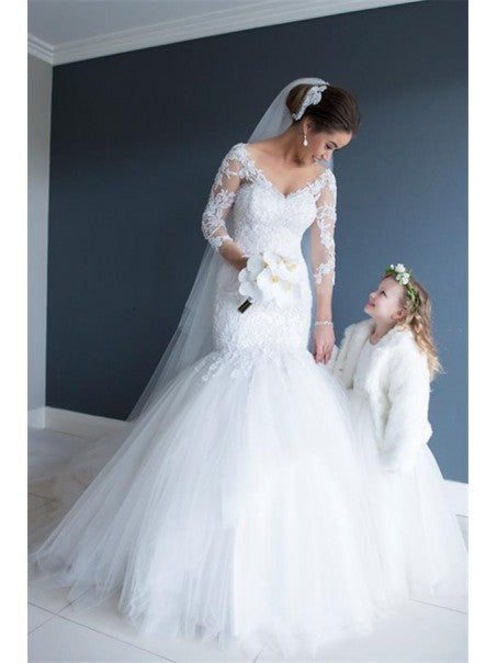 V-neck Long Sleeves Lace Tulle Wedding Dresses, White Wedding Dresses, Mermaid Wedding Dresses