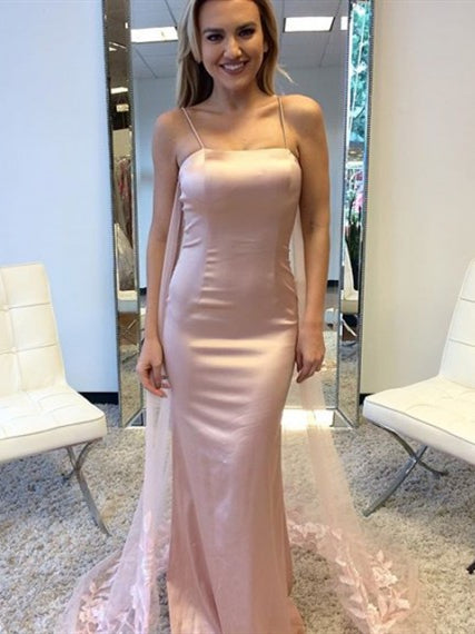 Spaghetti Pink Satin Long Mermaid Prom Desses, Lace Prom Dresses, 2020 Prom Dresses