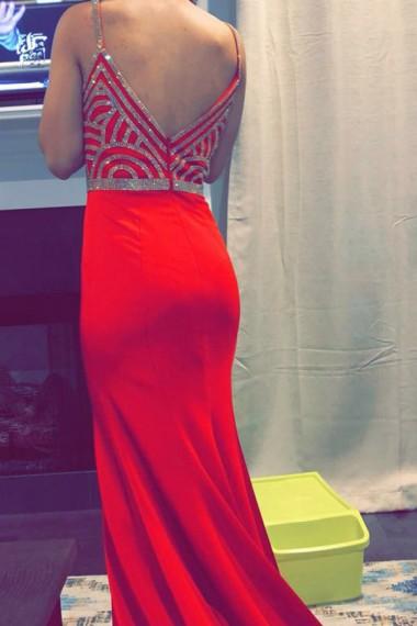 V-neck Long Mermaid Red Jersey Prom Dresses, Cheap Prom Dresses
