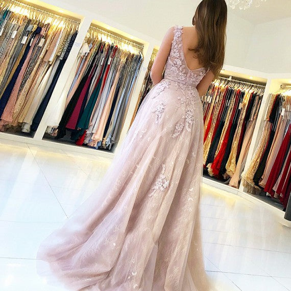 V-neck Long A-line Lace Tulle Prom Dresses, Lovely Prom Dresses, 2020 Prom Dresses
