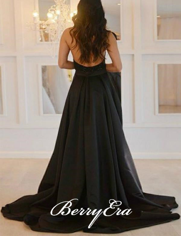 Halter Black Beaded Top Satin Side Slit Prom Dresses, Long Prom Dresses