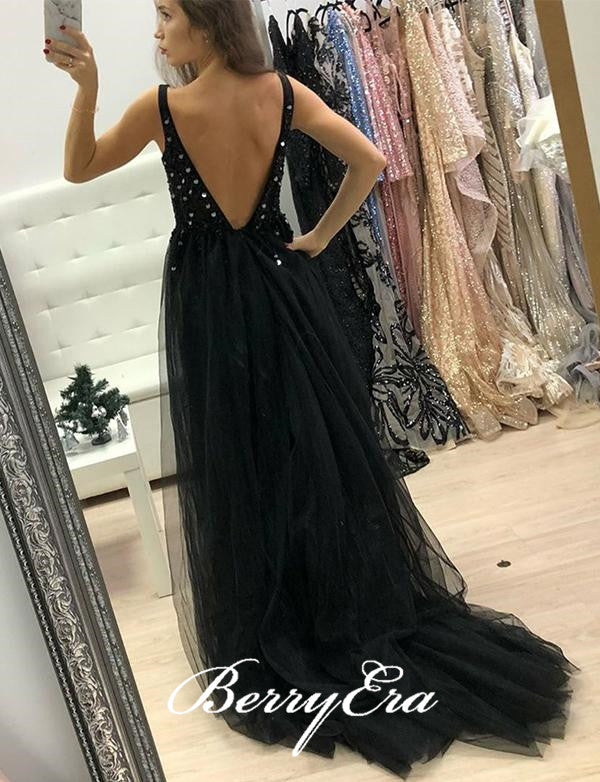 V-neck Backless Black Lace Tulle Rhinestone Prom Dresses, Long Black Prom Dresses