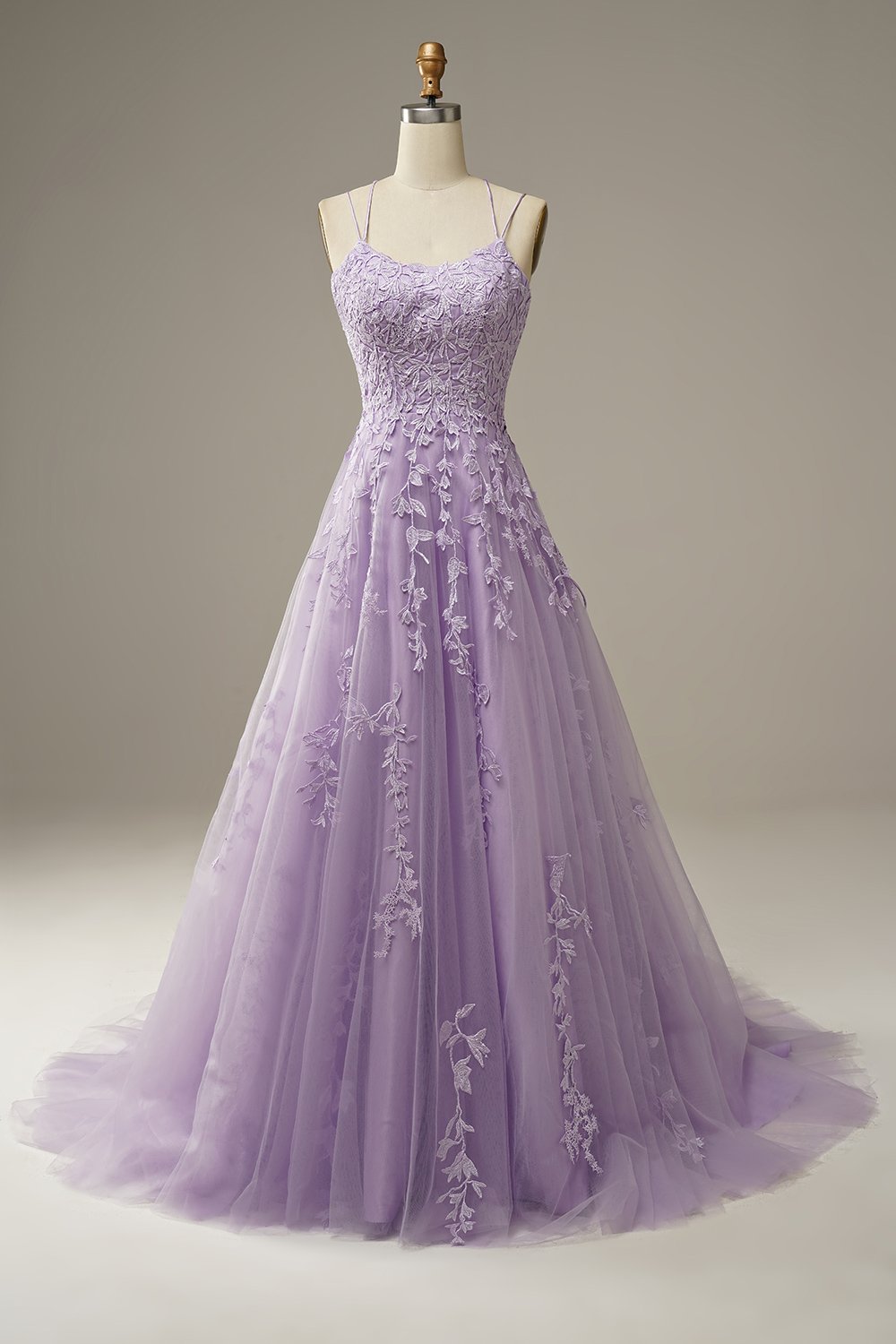 Scoop Neckline Purple Lace Prom Dresses, Lace Up Prom Dresses, Newest A-line Prom Dresses, 2021 Prom Dresses