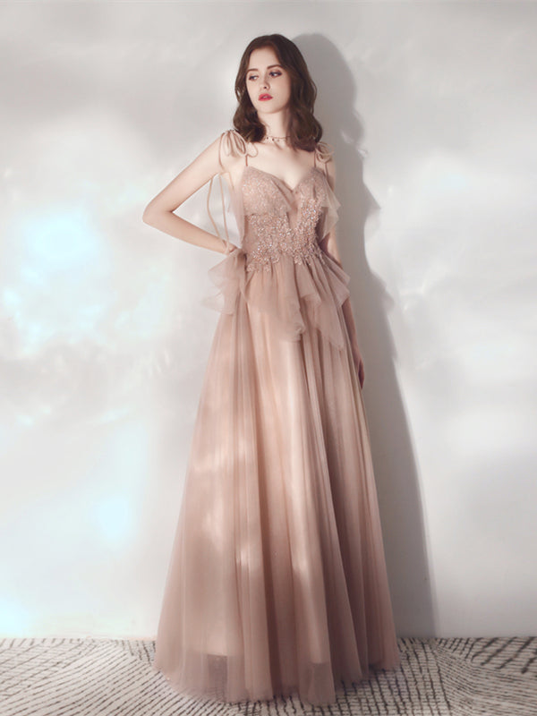 Spaghetti Long A-line Dark Champagne Lace Tulle Prom Dresses, Newest Prom Dresses, 2022 Prom Dresses, RC010