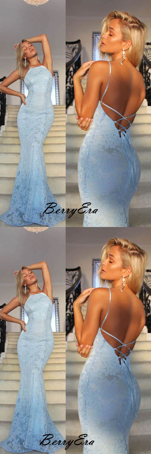 Newest Light Blue Lace Prom Dresses, Open Back Sexy Mermaid Prom Dresses