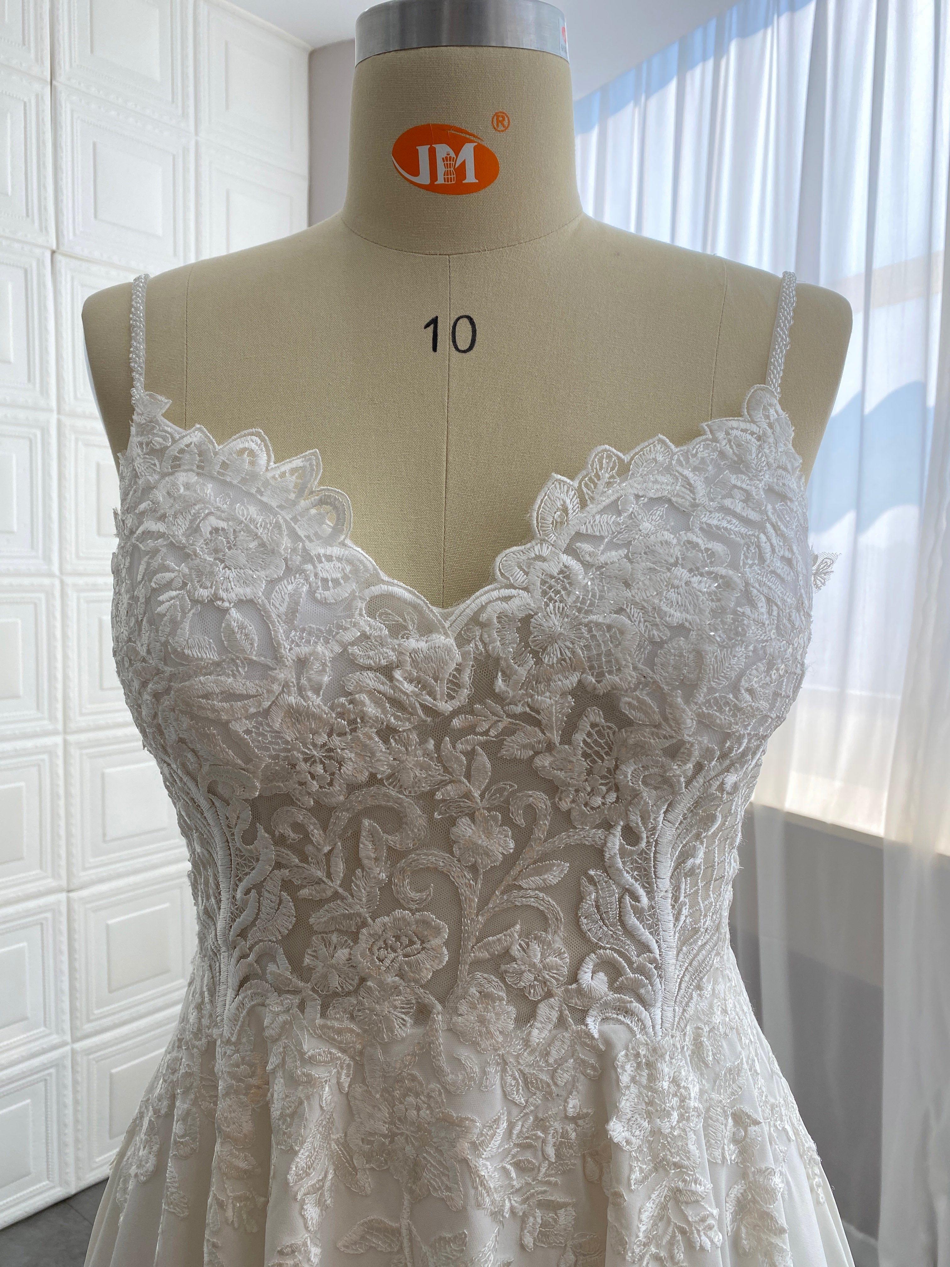 Spaghetti Long A-line Lace Satin Wedding Dresses, A-line Bridal Gown, Sweep Train Wedding Dresses, 2021 Wedding Dresses