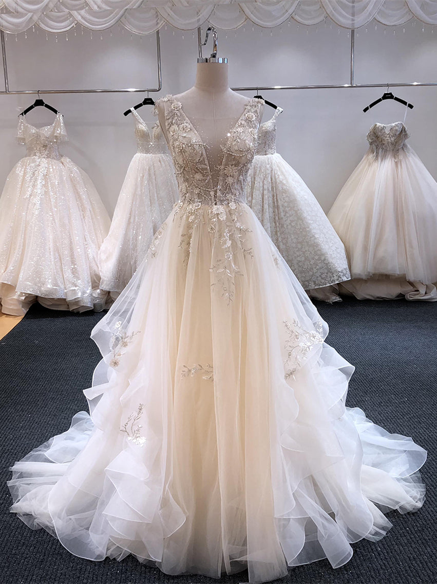 Plunge Neckline Lace Beaded Wedding Dresses, A-line Wedding Dresses, Luxury Bridal Gown, 2021 Wedding Dresses