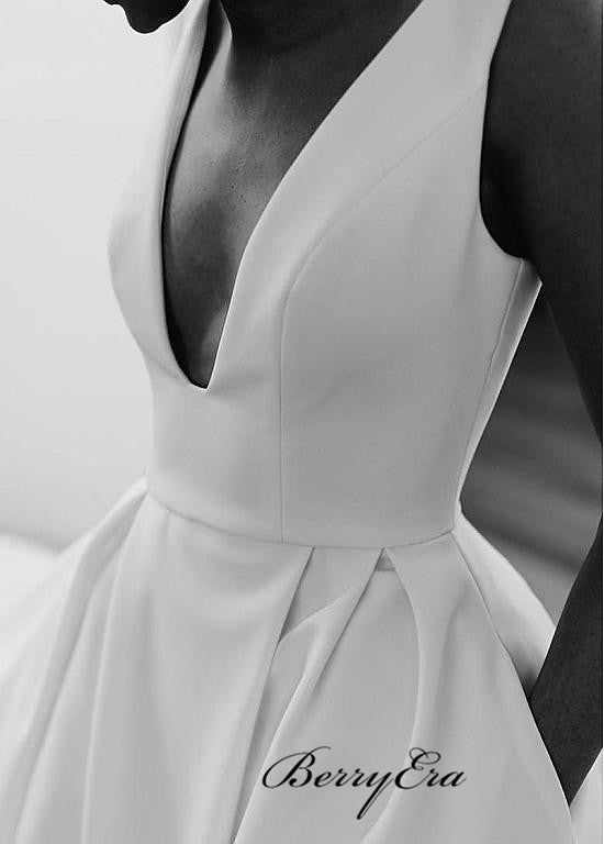 Deep V-neck Satin Wedding Dresses, A-line High Slit Wedding Dresses With Pocket