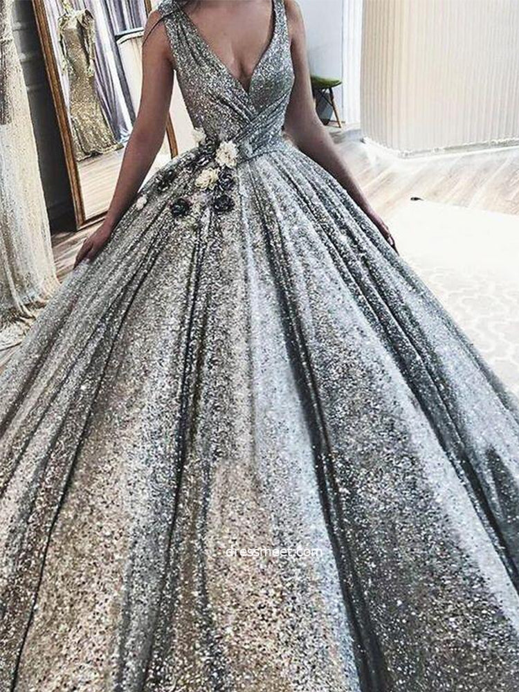 V-neck Silver Sequin Ball Gown Prom Dresses, Long Prom Dresses, 2021 Prom Dresses, Sparkle Prom Dresses