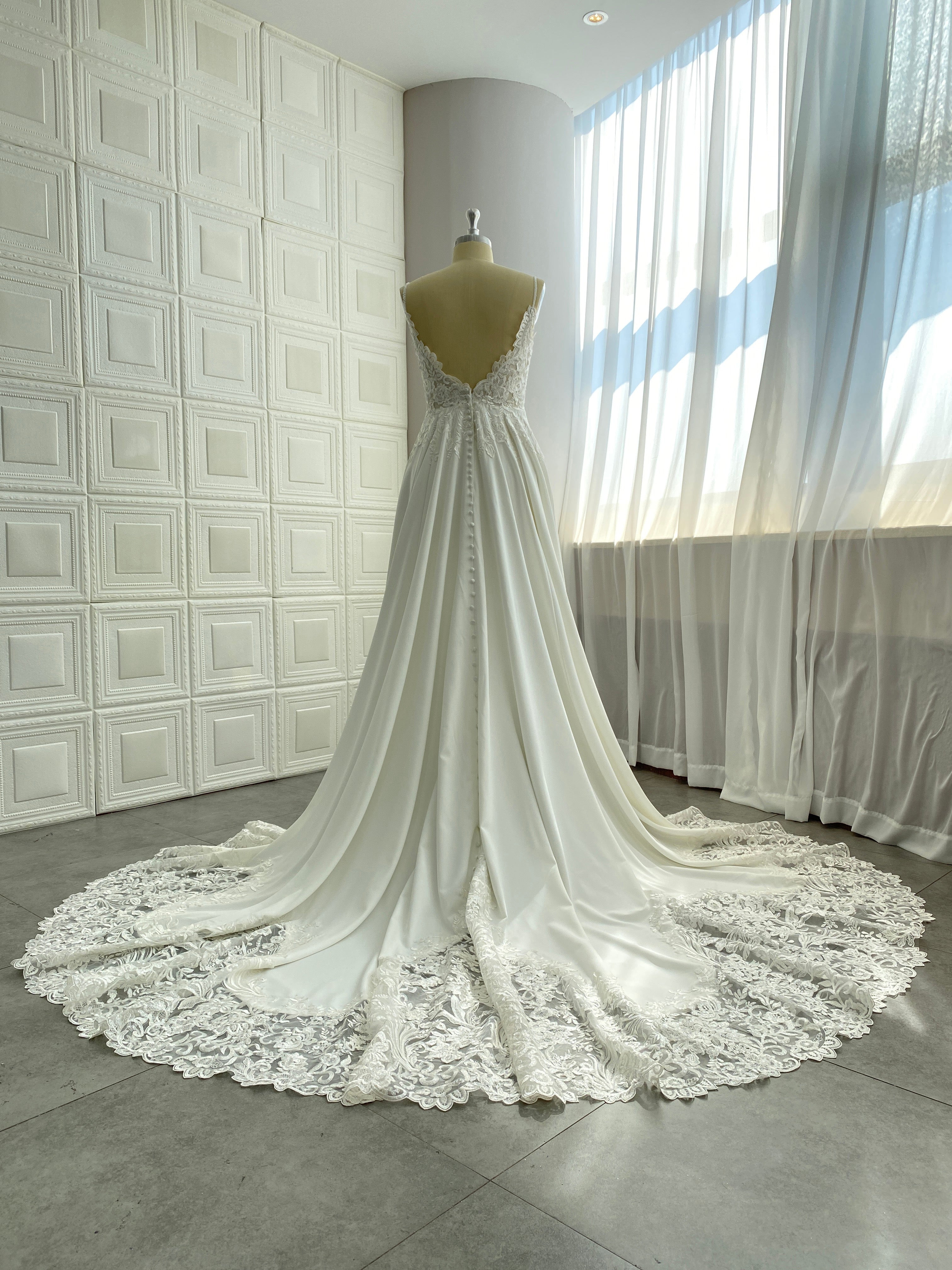 Spaghetti Long A-line Lace Satin Wedding Dresses, A-line Bridal Gown, Sweep Train Wedding Dresses, 2021 Wedding Dresses