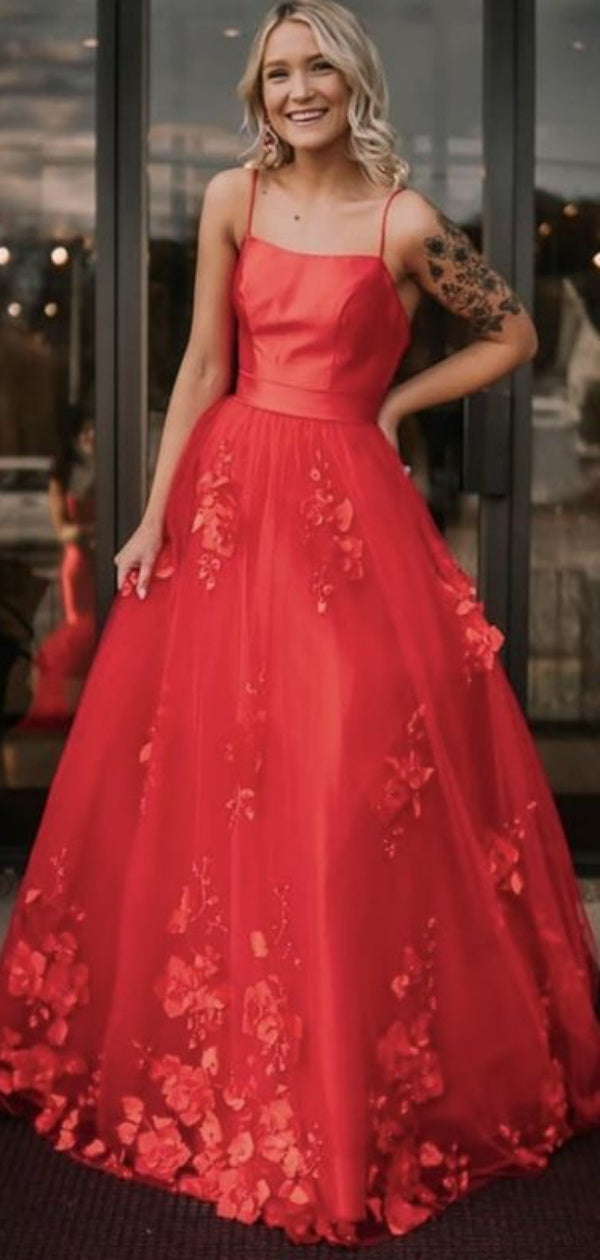 Red Color Appliques Long Prom Dresses, Elegant Flower A-line Prom Dresses