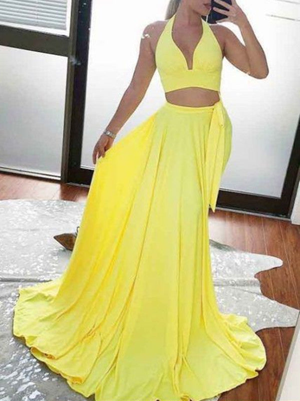 Two Pieces Yellow A-line Long Prom Dresses, 2021 Simple Chiffon Prom Dresses Long