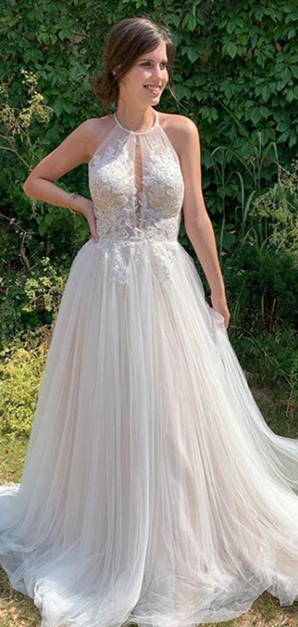 Halter Design Lace Popular Wedding Dresses, A-line Tulle Long Wedding Dresses