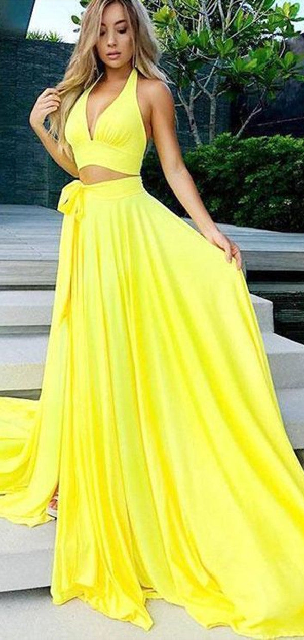 Two Pieces Yellow A-line Long Prom Dresses, 2021 Simple Chiffon Prom Dresses Long