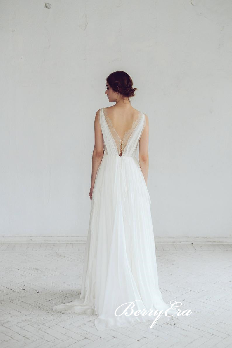 V-neck A-line Long Ivory Chiffon Lace Wedding Dresses