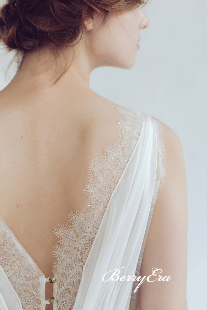V-neck A-line Long Ivory Chiffon Lace Wedding Dresses