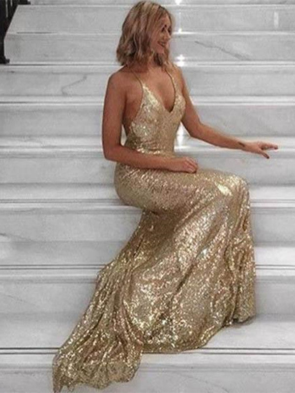 Bling Bling Mermaid Sequin Long Golden Prom Dresses