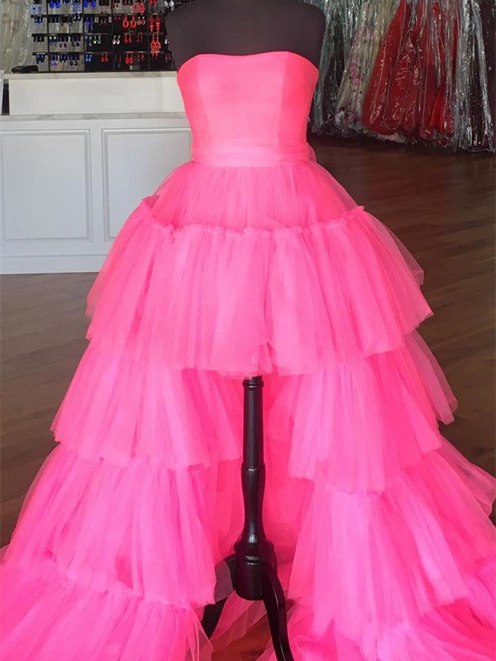 Strapless Long A-line Hot Pink Prom Dresses, Hi-low Prom Dresses, Fluffy 2021 Prom Dresses