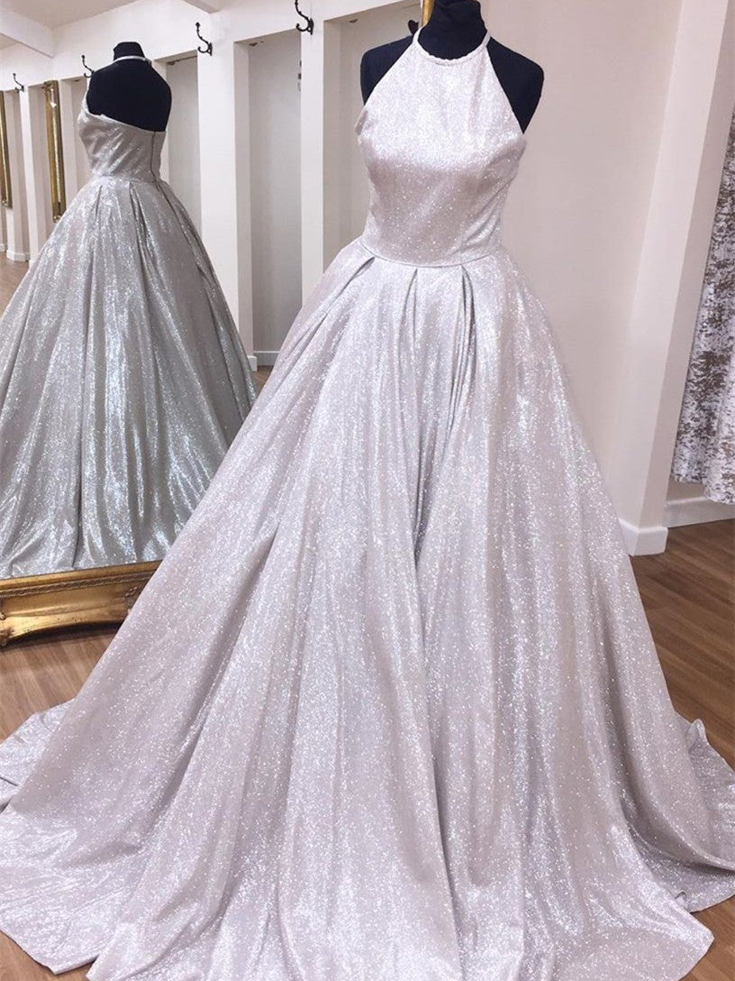 Halter Silver Shemmering Prom Dresses, A-line Prom Dresses, 2021 Prom Dresses