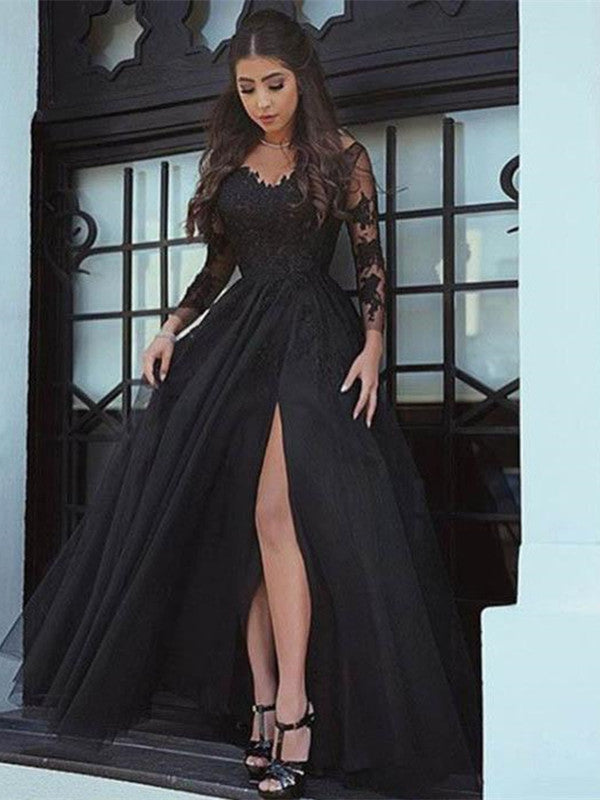 Sexy Split Black Long Sleeves Lace Evening Party Prom Dress