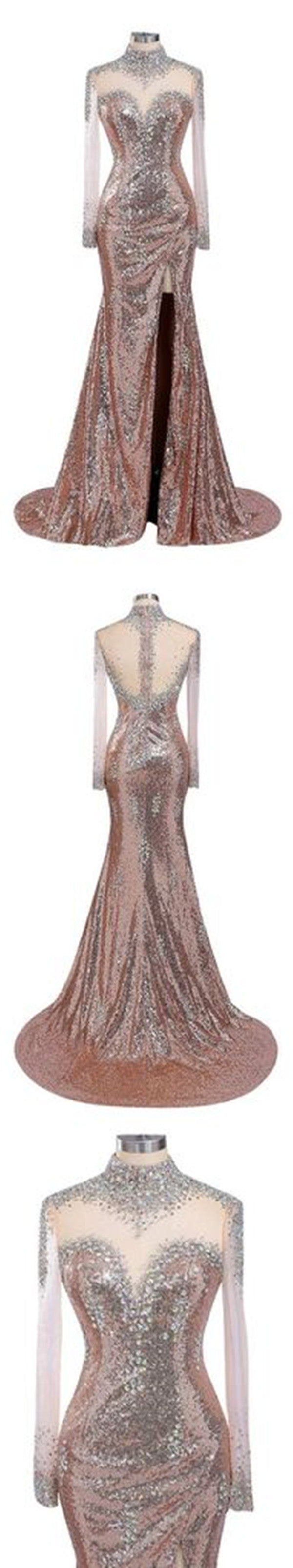 Long Sleeves Sexy Side Split High Neck Sequin Shinning Long Prom Dresses