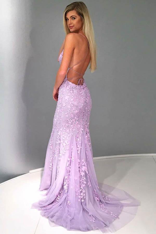 Spaghetti Lilac Lace Tulle Long Mermaid Prom Dresses