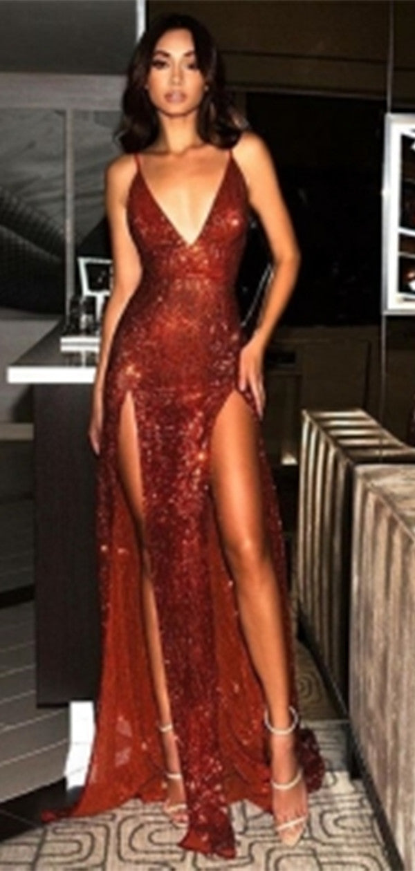 Sexy Sequin Slit Long Prom Dress, V-neck Evening Party Dress, Prom Dresses 2019