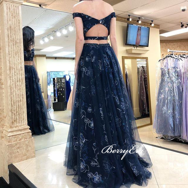 Off Shoulder Two Pieces Prom Dresses, A-line Prom Dresses Long