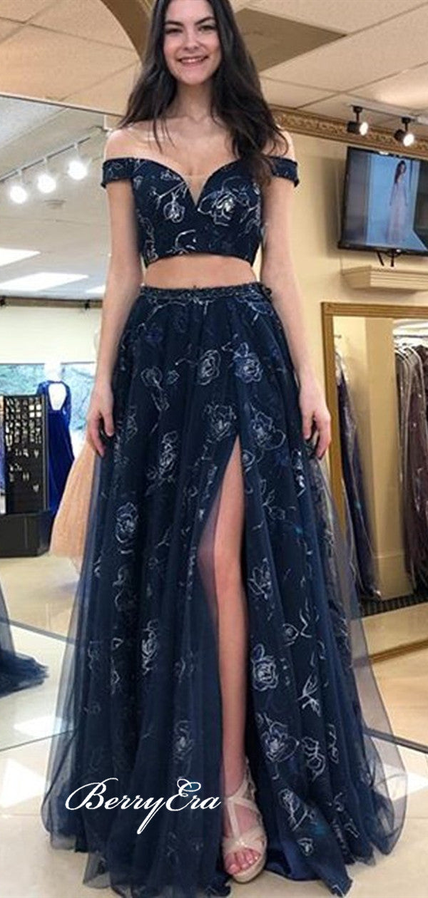 Off Shoulder Two Pieces Prom Dresses, A-line Prom Dresses Long
