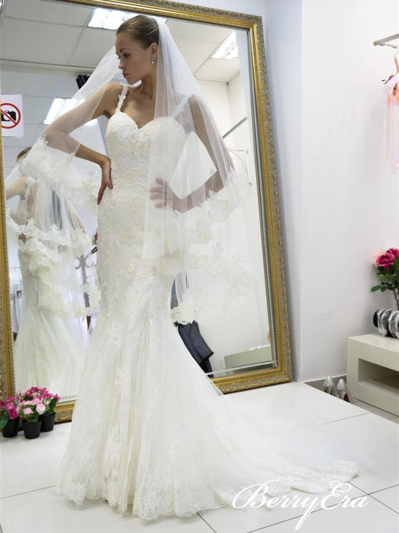 Straps Lace Mermaid Long Wedding Dresses With Veil