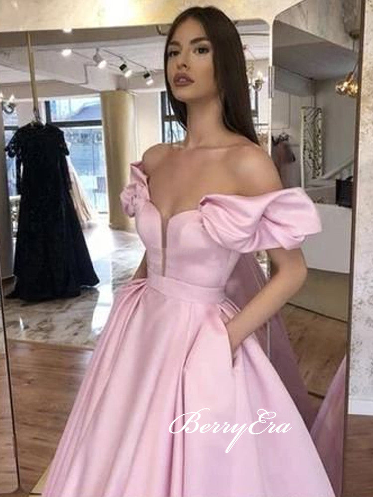 Off Shoulder Bubble Sleeve Long A-line Pink Satin Prom Dresses, New Arrival Prom Dresses, Long Prom Dresses